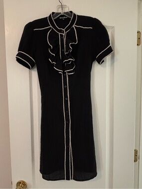 Miss Cherry sz Medium Black Ruffle Trim Button-Front mini dress ric rac trim